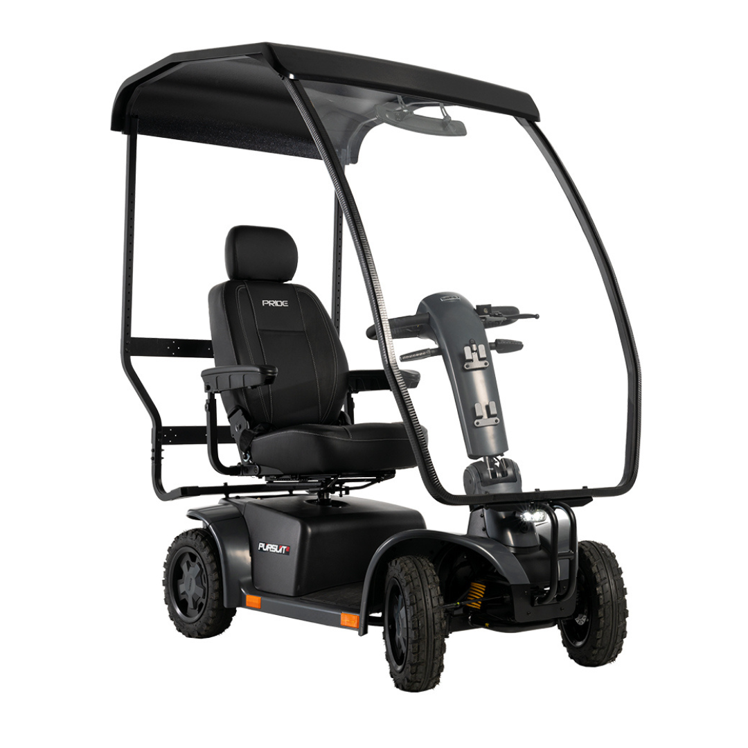 The Pride Mobility Pursuit® 2 Offroad HD Scooter is a durable, lightweight four-wheel scooter with a roof canopy, padded seat with armrests and headrest, plus front control panel—perfect for comfortable outdoor use.